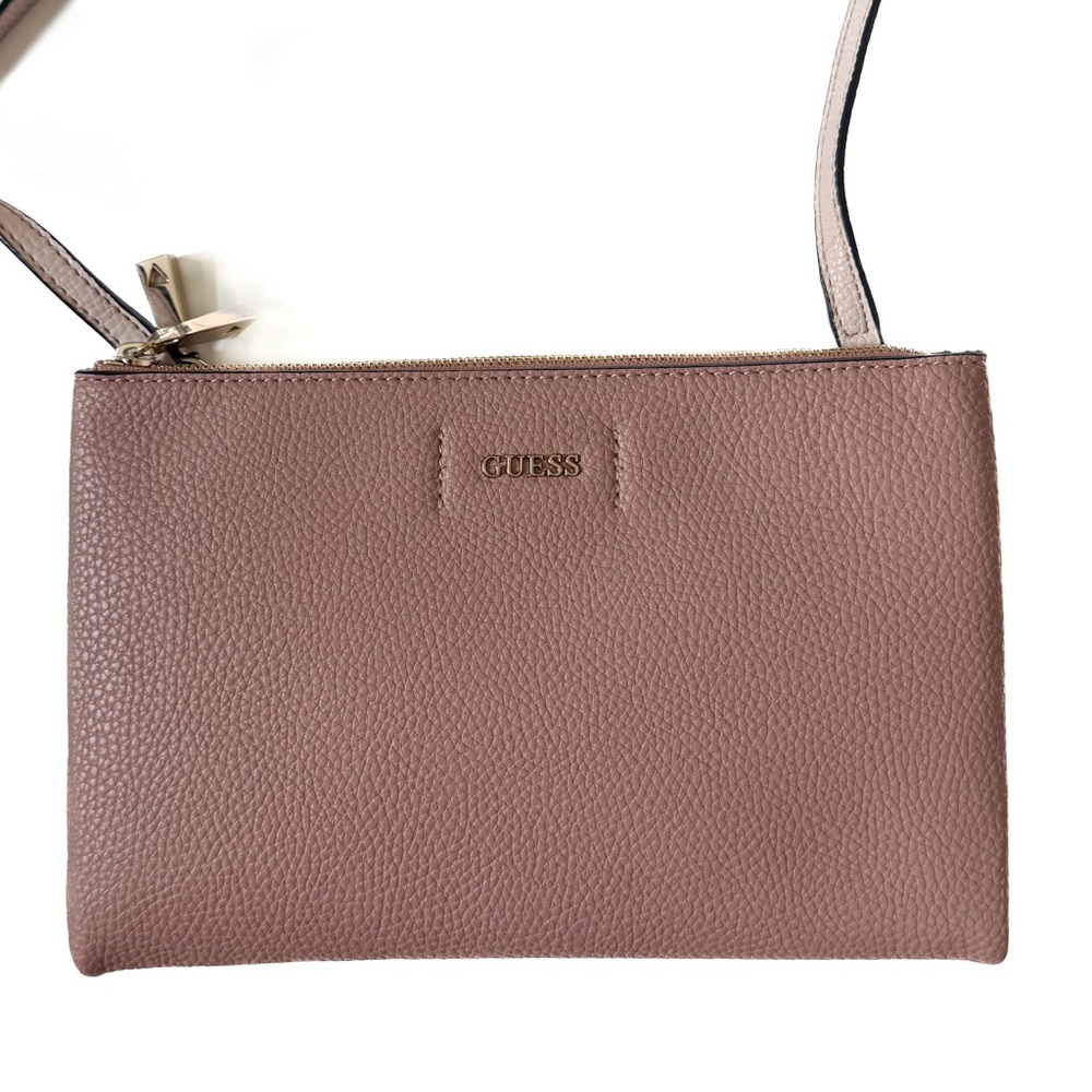 GUESS Crossbody Bag Faux Leather Double Zip Pebbled Mauve